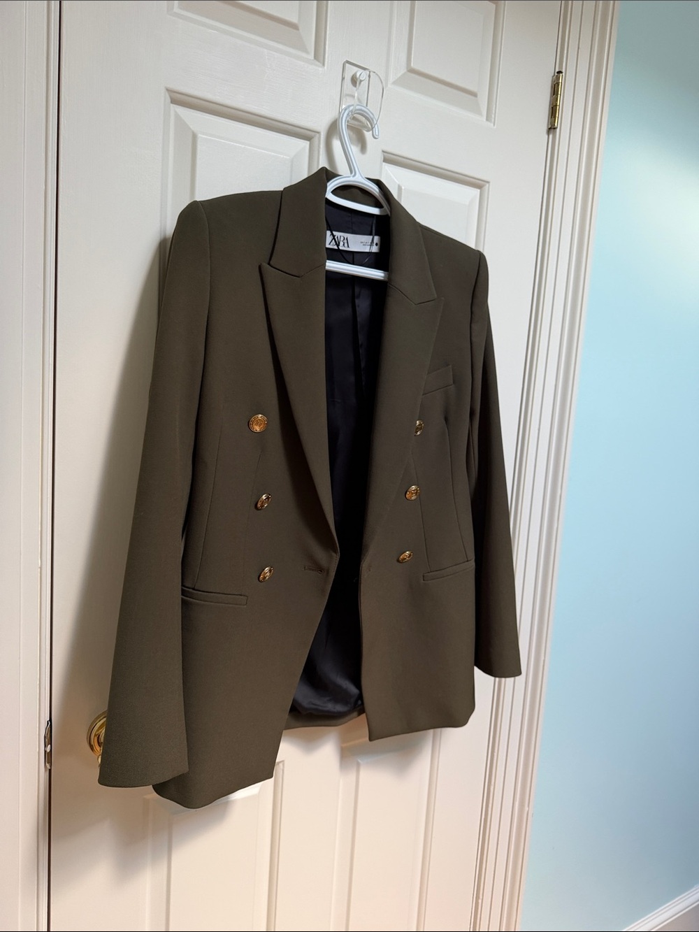 Zara sz S Double-Breasted Deep Olive Blazer with Gold Buttons Equestrian Fitted